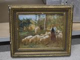 une photo d'un tableau représentant un homme avec un troupeau de moutons