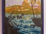 an image of a poster of a river with trees and a castle in the background