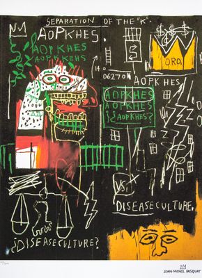 painting of a man with a crown on his head and writing on the wall