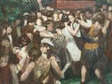 painting of a group of people dancing in a large room