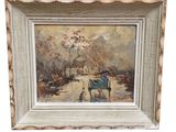an oil painting of a horse drawn carriage in a snowy landscape