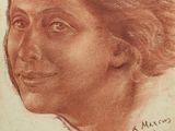 a drawing of a woman ' s head with a horse behind her