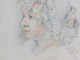 an old drawing of a young girl with curly hair and a bonnet