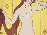 painting of a nude woman with long red hair holding a hair dryer in front of a shower curtain