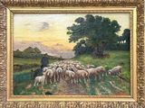 painting of a man herding a flock of sheep in a field
