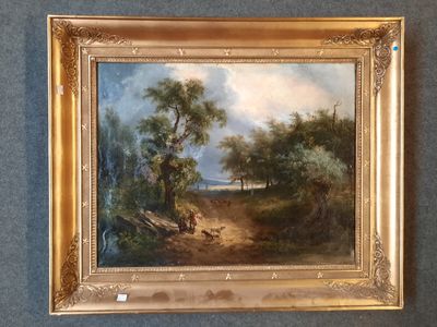 an oil painting of a landscape with trees and a river