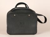 a black leather bag with the letter d on it