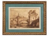 un vieux dessin représentant un pont enjambant une rivière, avec un château en arrière-plan