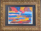painting of a sunset over a body of water with a house in the distance