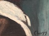 an oil painting of a woman with a white scarf on her head