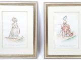 pair of antique watercolor paintings of women in period dress