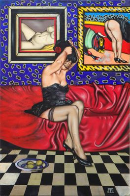 painting of a woman sitting on a couch in front of a mirror