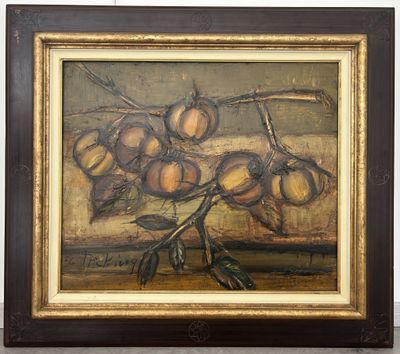 tableau représentant un bouquet de fruits sur une branche, dans un cadre marron