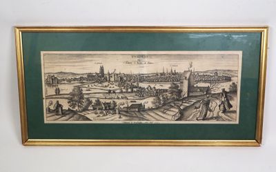un vieux dessin représentant une vue d'une ville avec une tour horloge