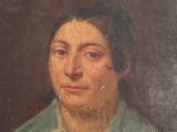 painting of a woman in a green shirt and a white collared shirt