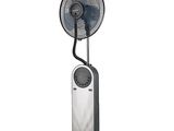 une image représentant un ventilateur noir et blanc posé sur un pied