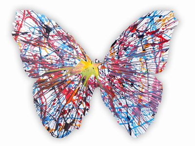 tableau représentant un papillon dont les ailes sont parsemées d'éclaboussures de peinture colorées