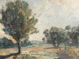 an oil painting of a field with a tree and a house in the distance