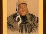 portrait of an old man with a hat and scarf in a wooden frame