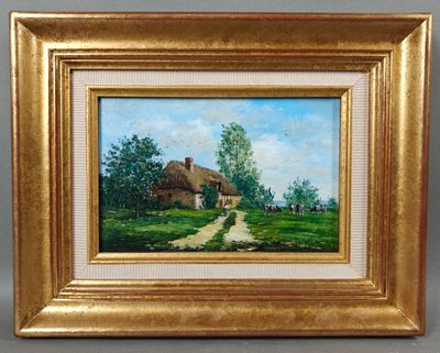 une peinture à l'huile représentant une maison dans un champ, avec un chemin de terre