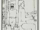 dessin représentant un homme et une femme debout dans une pièce avec un chien