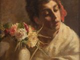 an image of a painting of a woman holding a vase of flowers
