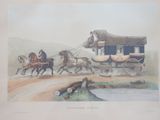 a drawing of a horse drawn carriage being pulled by two horses