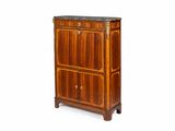 an antique wooden cabinet with marble top and two drawers