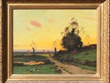 a painting of a man walking down a dirt road next to a field
