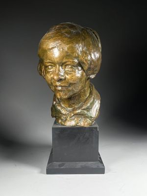 a bronze bust of a young boy on a black base