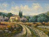 an oil painting of a country road with a house in the distance