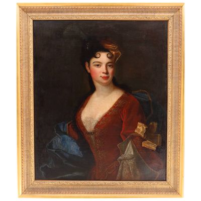 un tableau représentant une femme en robe rouge tenant un éventail