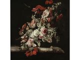 une peinture représentant des fleurs dans un vase posé sur un rebord, réalisée par [nom de l'artiste]