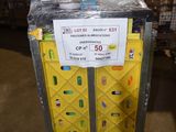a yellow crate with a sign on it in a warehouse