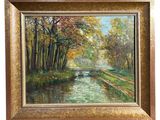 an oil painting of a river in a wooded area with a bridge