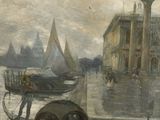 un tableau représentant une gondole sur l'eau, avec un bâtiment en arrière-plan