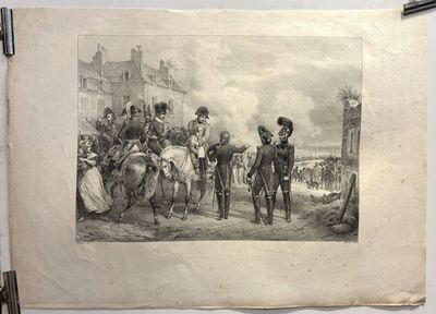 an old picture of a group of men standing around a horse