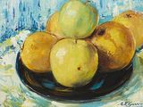 a painting of a plate of apples and pears on a table