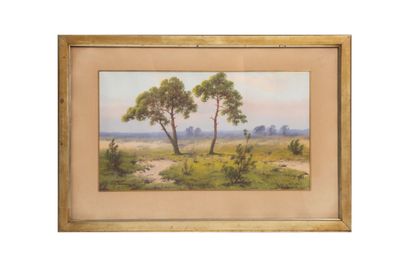 un tableau représentant deux arbres dans un champ, avec de l'herbe et des buissons