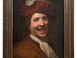 a painting of a smiling man wearing a red hat
