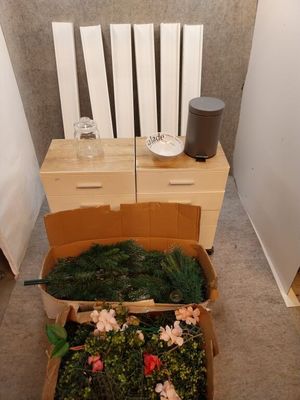 une boîte de fleurs et une boîte de livres posées par terre