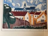 painting of a village with a church in the distance and a tree in the foreground
