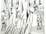 drawing of three men in suits and hats standing on a city street
