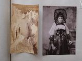 an old photo of a woman in a dress and a picture of a man in a hat
