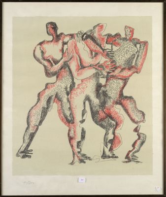 an image of a drawing of three men wrestling each other