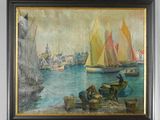 un tableau posé sur un chevalet représentant des bateaux sur l'eau