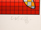 a drawing of a surfboard on a red and yellow checkered background