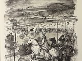 drawing of a group of people riding horses in a field with a mountain in the background