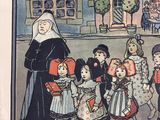 a drawing of a woman and children in front of a building