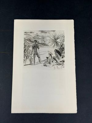 un vieux dessin en noir et blanc représentant un homme et un chien sur une plage